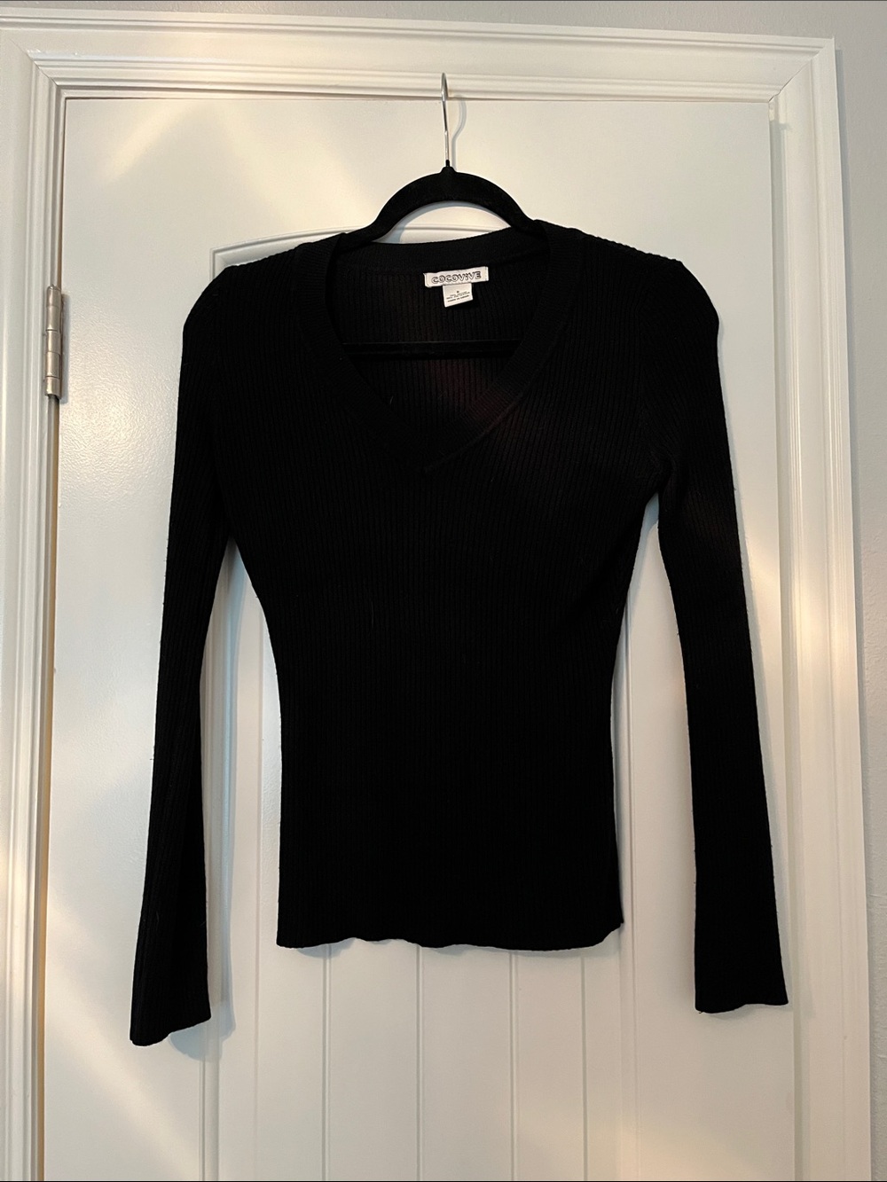 Wilfred Black Ribbed V-Neck Long Sleeve Top - Slim Fit